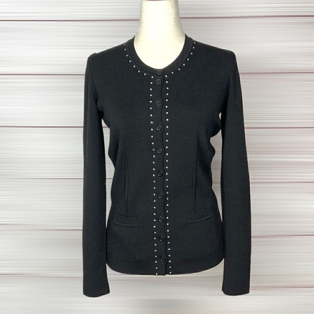 NWOT SONIA RYKIEL Paris Wool Black Rhinestone Trim Button Down Knit Cardigan